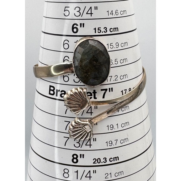 Silver Tone Faceted Labradorite Sea Shell Wrap Bangle Adjustable Boho Bracelet - Picture 12 of 12